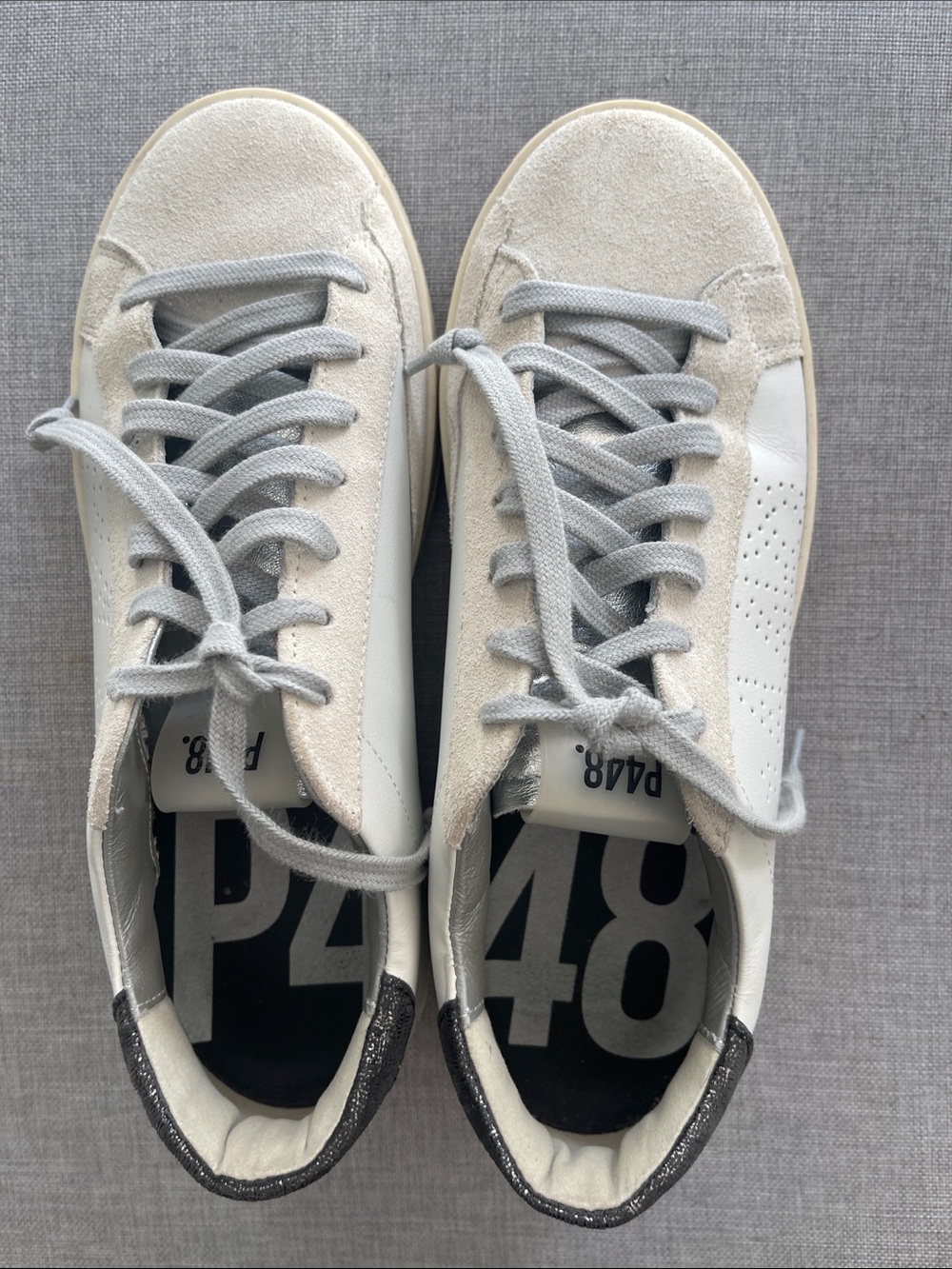 P448 Women’s White & Light Gray Low-Top Sneakers with Black Heel Accent